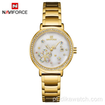 Novo relógio feminino NAVIFORCE 5016 para mulheres, relógio feminino à prova d&#39;água de quartzo, pulseira de aço